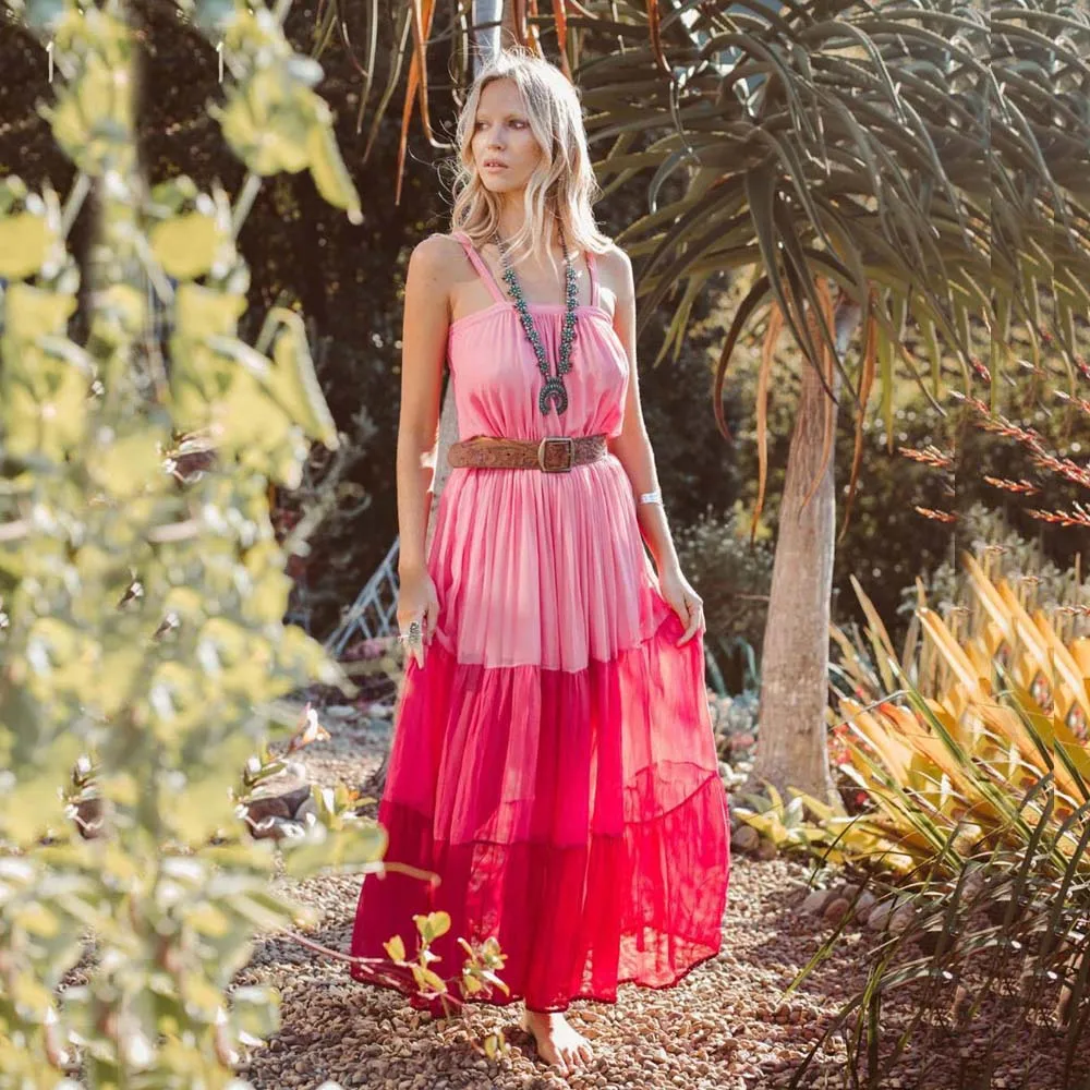 

Sexy Summer Spaghetti Strap Boho Maxi Woman Dress Vintage Draped Pleated Beach Dresses Bohemian Party Vestido Plus Size
