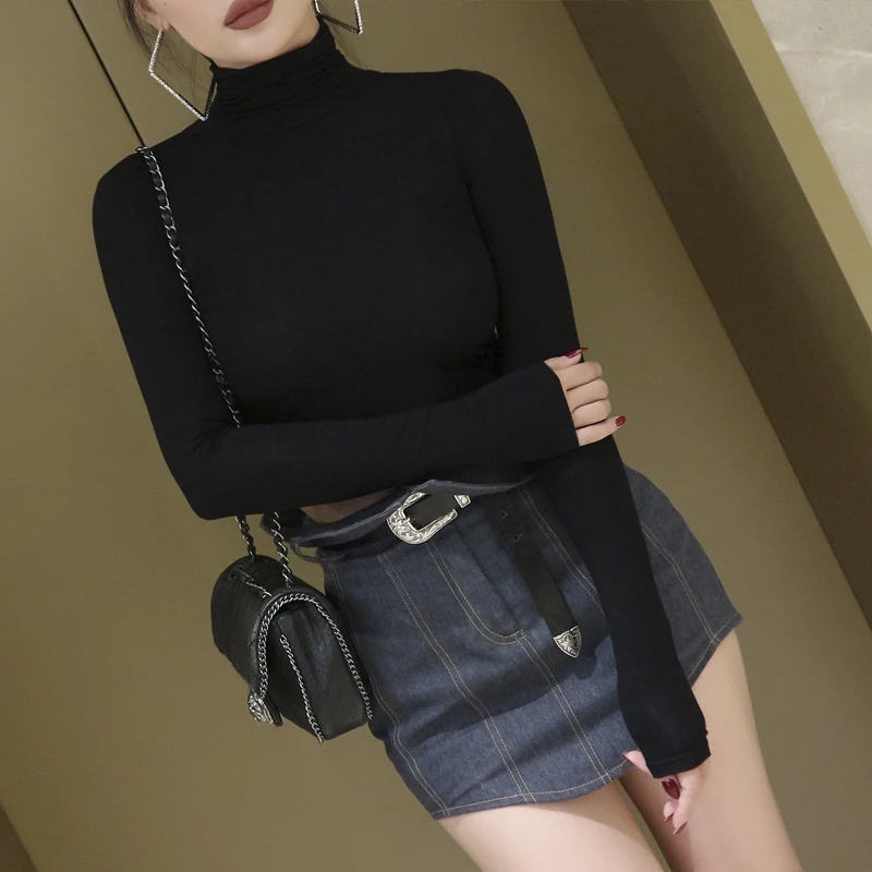 

Stylish Top T-Shirt Sexy Women Turtleneck Crop Top Short Tee Shirt Girl Long-sleeve T Shirt Pullover