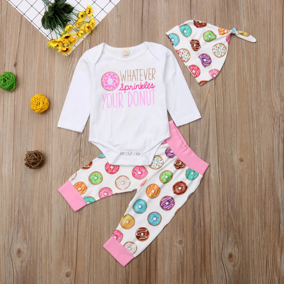 3 шт. для новорожденных девочек пончик ползунки + брюки набор с длинным рукавом забавные Боди Одежда наряды