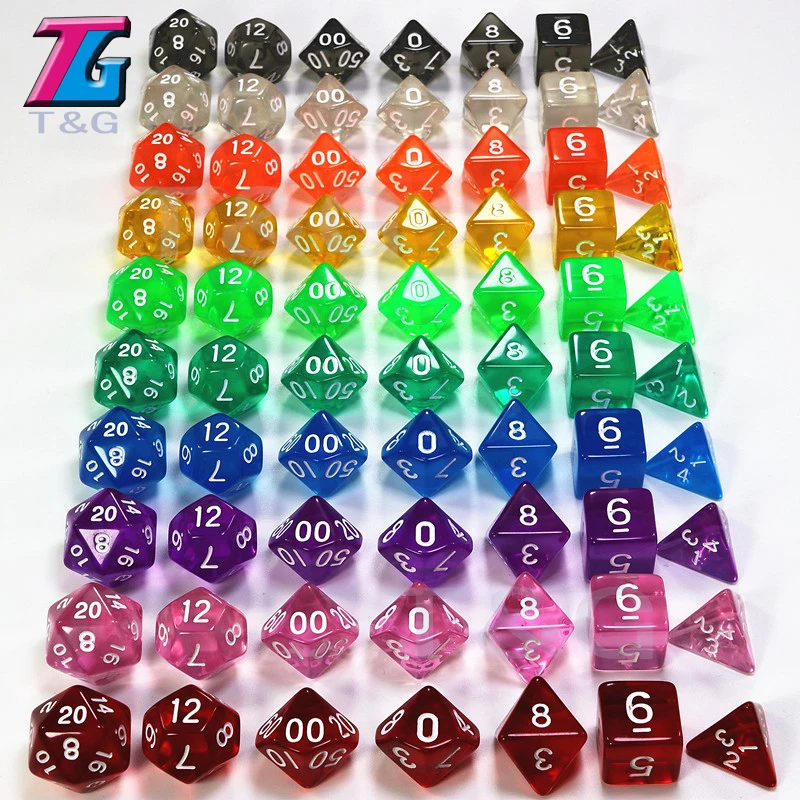 

Wholesales 7pcs/set Translucent RPG Dice Set D4,d6,d8,d10,d10%,d12,d20 for Board Game red,blue,yellow,purple,green High Quality