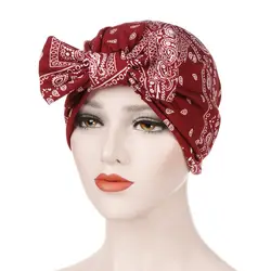 Новый стиль мусульманских печати бантом Эластичный Тюрбан рюшами волос шапки бини банданы шарф для головы головные уборы для женщин 0437