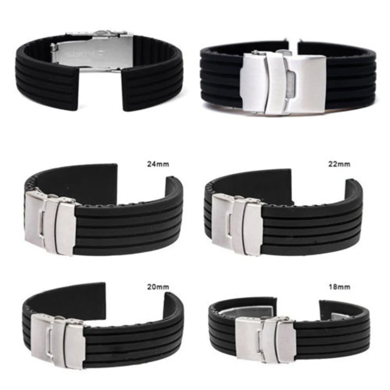20mm 22mm reloj hombre Silicone Rubber Watch Strap Deployment Buckle Waterproof Band Sport Wrist Sweatband Watch Straps Band