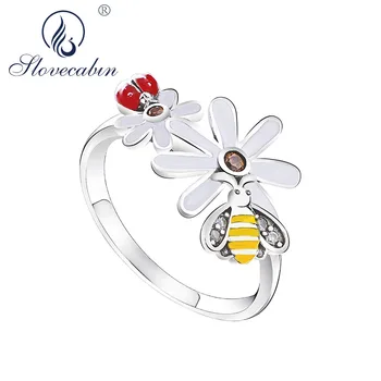 

Slovecabin Genuine 100% 925 Sterling Silver 2018 Mother's Day Bee and Ladybug in Flower Garden Finger Rings Women Spring Ring