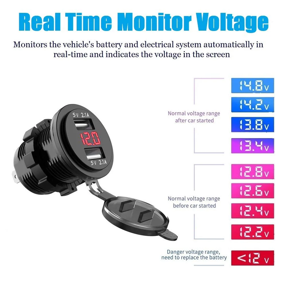 4.2A Dual USB IC Smart Charger Socket Waterproof Power Outlet with LED Voltmeter DC 12-24V car boat marine motorcycle ATV RV