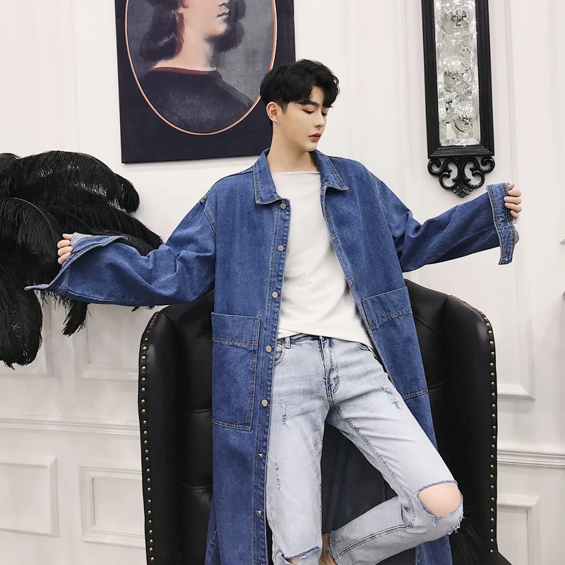 Мужской длинный Повседневный джинсовый Тренч, уличная одежда в стиле хип-хоп, модный Свободный ковбойский кардиган, куртка, Мужская джинсовая ветровка, пальто