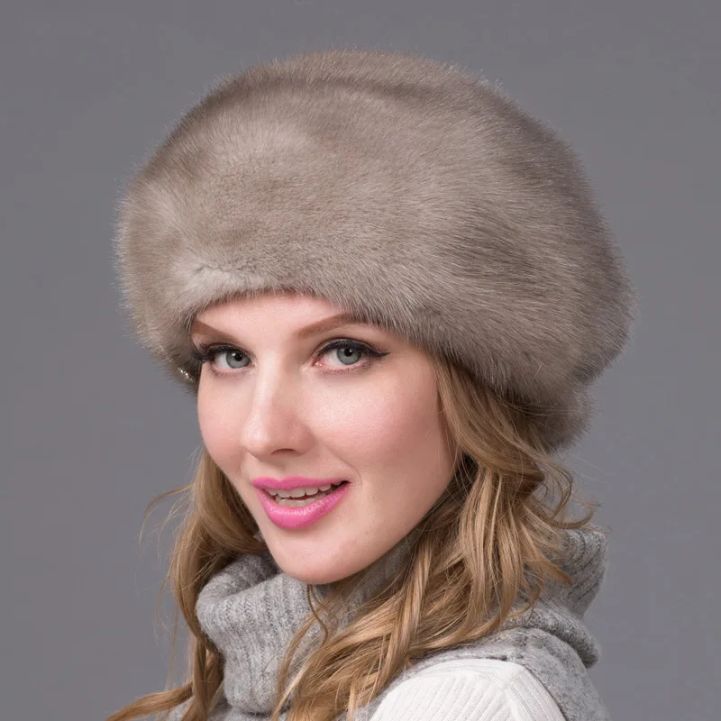 Real mink fur hat winter women's hat with diamond brown mink fur cap