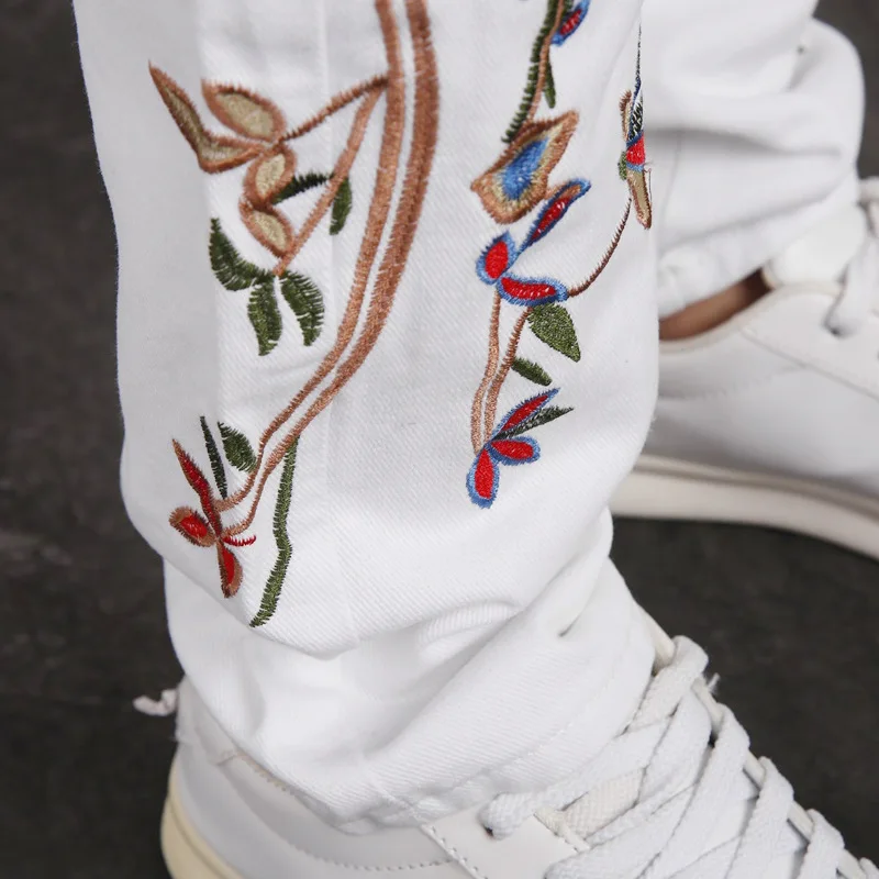 Джинсы Карандаш мужские с цветочной вышивкой модные облегающие брюки из денима в