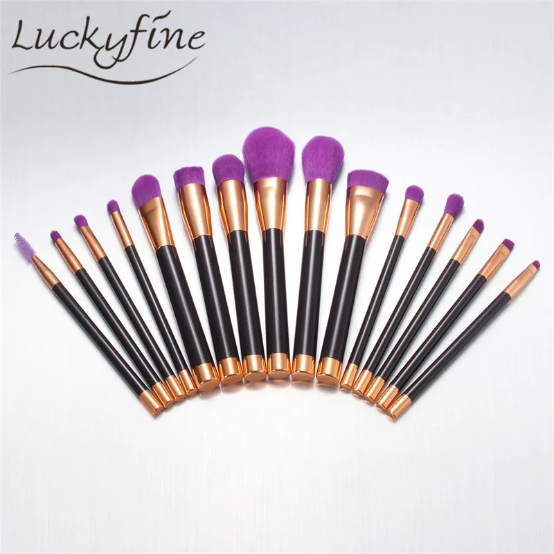 

New 15pcs Professional MakeUp Brushes Set Black Golden Plastic Handle Purple Synthetic Hair Cosmetic Kabuki Make Up Brush Sets