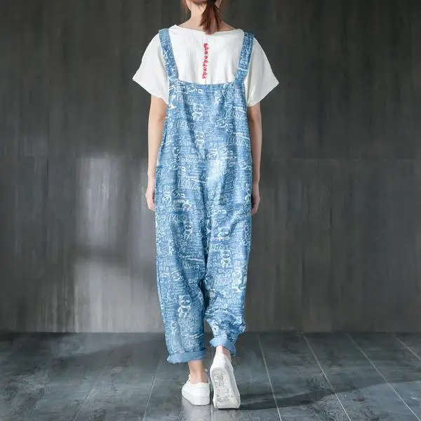 Buykud Cartoon Print Denim Jumpsuit Romper Women Summer Casual Loose Overall Holiday Ankle Length Wide Leg Pants Female Dungaree (5)