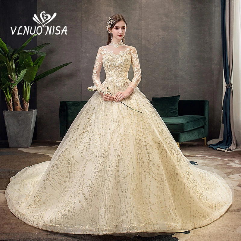 

High-Quality Shiny Gold Embroidery Wedding Dress Appliques Lace Robe De Mariee Plus Size Bridal Ball Gown Vestido De Noiva 30