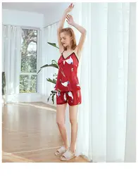 2 шт. летние для женщин шелковые пижамы кран ночная рубашка с принтом наборы для ухода за кожей слинг + шорты костюмы домашний костюм