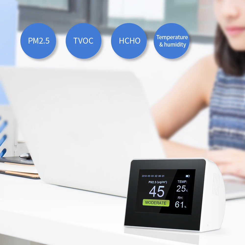 

Digital Air Quality Detector Multifunctional Indoor Outdoor HCHO & TVOC Tester CO2 Meter CO2 Monitor with Rechargeable Battery