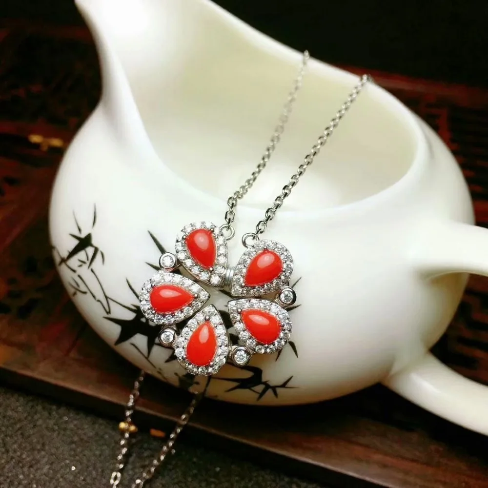 

shilovem 925 sterling silver Natural red coral pendants fine Jewelry women trendy wedding gift new 4*6mm lz040604agsh