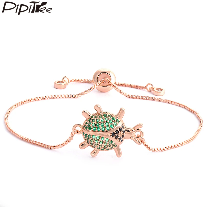 Pipitree Браслет божья коровка с зеленым и черным кубическим цирконием медная