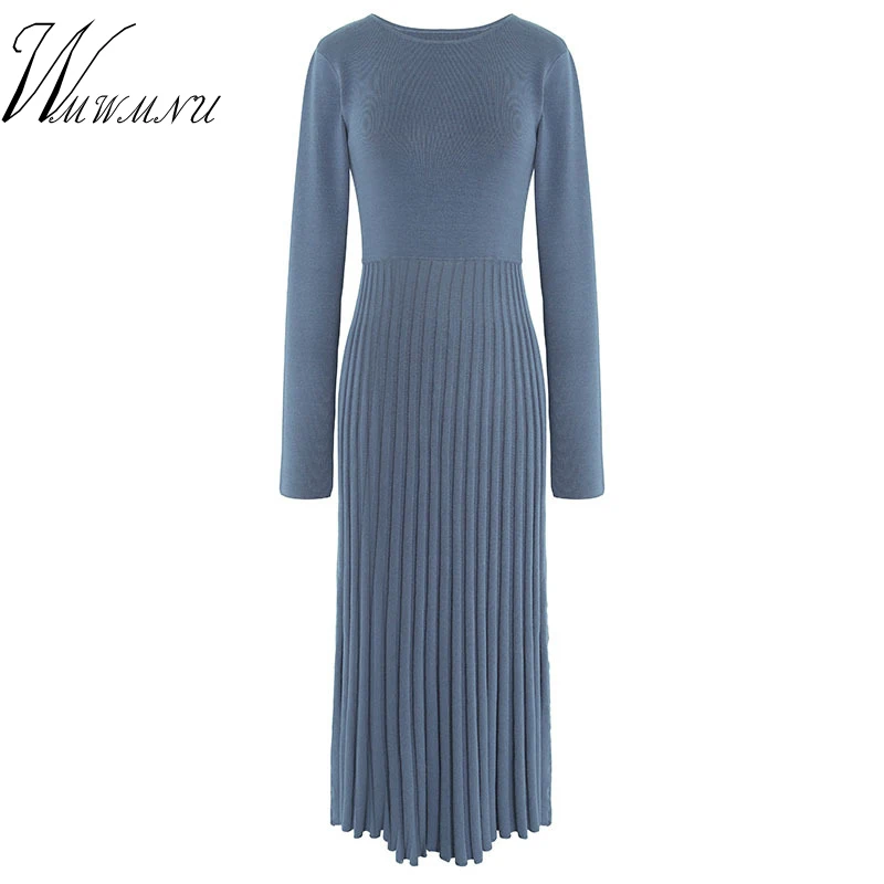 Slim Femme Fashion O-Neck Knit Pleated Dress 2018 Spring Autumn Sweater StreetWear Ladies Office Solid Color Long | Женская одежда