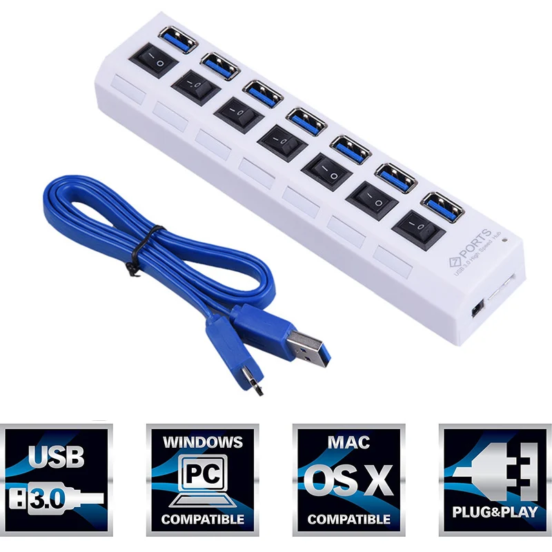 USB HUB 3,0 Супер скорость 5 Гбит/с 7 портов USB 3,0 usb-хаб с переключателем включения/выключения Platooninsert для компьютера ноутбука периферийные устройства