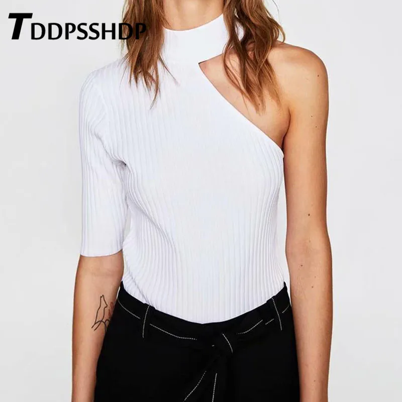 

Expose One Shoulder White Knitted Women T Shirt Short Sleeve Spring Bottoming Female Tee Tops