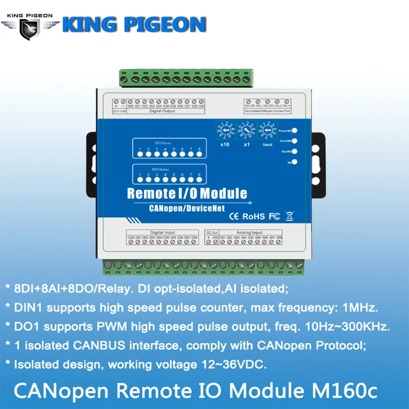 IOT удаленный I/O Модуль с 1 интерфейсом CANBUS соответствует CANopen спецификации CiA301, CiA401 M160C