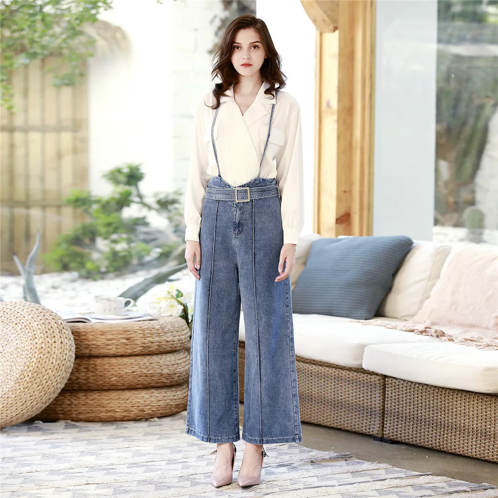 Maoxzon Женская мода свободные джинсы на подтяжках для дам Новый элегантный синий Высокая талия широкие брюки длинный ремешок Джинсовые штаны