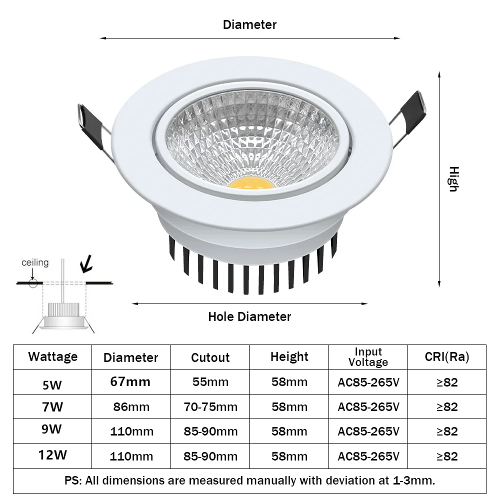 [DBF] Круглый/квадратный светодиодный встраиваемый светильник с регулируемой яркостью 5 Вт 7 Вт 9 Вт 12 Вт 15 Вт потолочный Точечный светильник с 90-265 в светодиодный драйвер 3000K 4000K 6000K