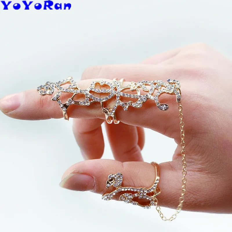 

1 set hollow out crystal flower finger ring set openwork long double finger ring silver gold metal leaf ring jewelry gift
