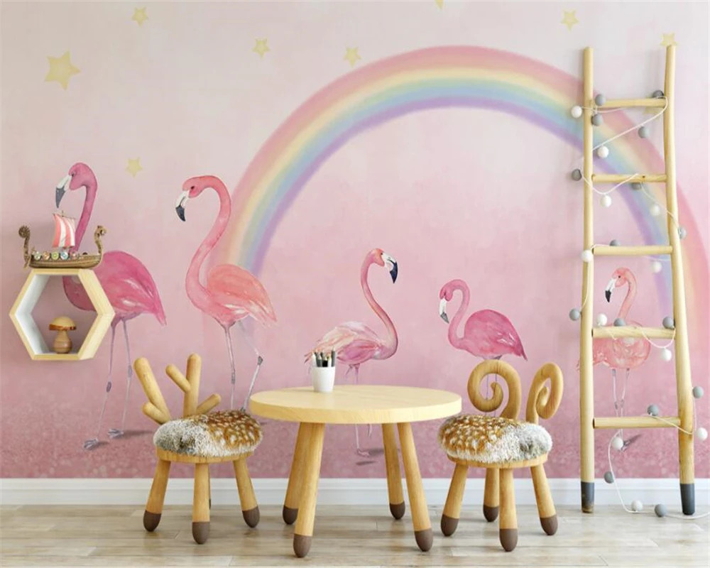 

Custom wallpaper hand painted flamingo kids room wallpaper pink background wall wallpaper for walls 3 d papier peint
