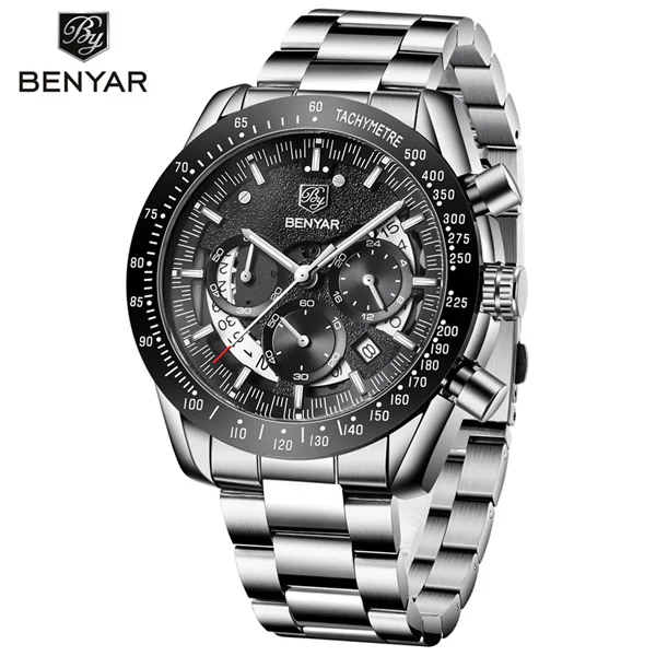 Black steel strip A BENYAR мужские часы Топ люксовый бренд водонепроницаемые спортивные наручные часы с хронографом кварцевые военные из натуральной кожи Relogio Masculino - Цвет: Black steel strip A