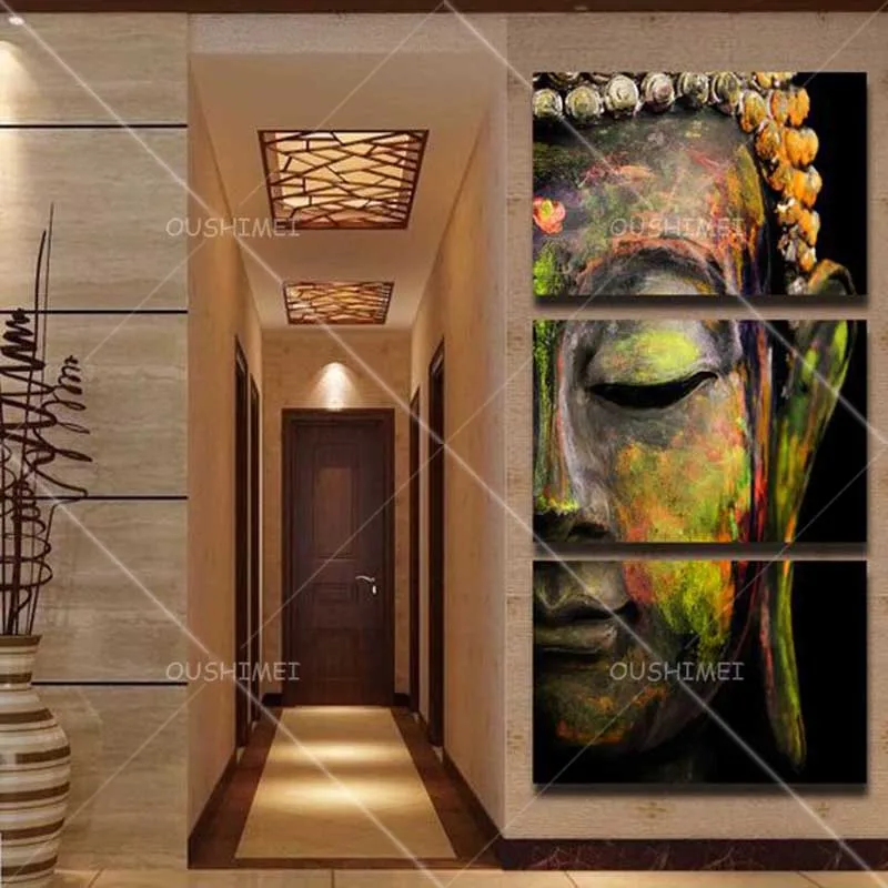 Free Shipping Hand-painted High Quality Impressionist Buddha Head Oil Painting on Canvas 3 Panels Buddha Oil Painting for Decor