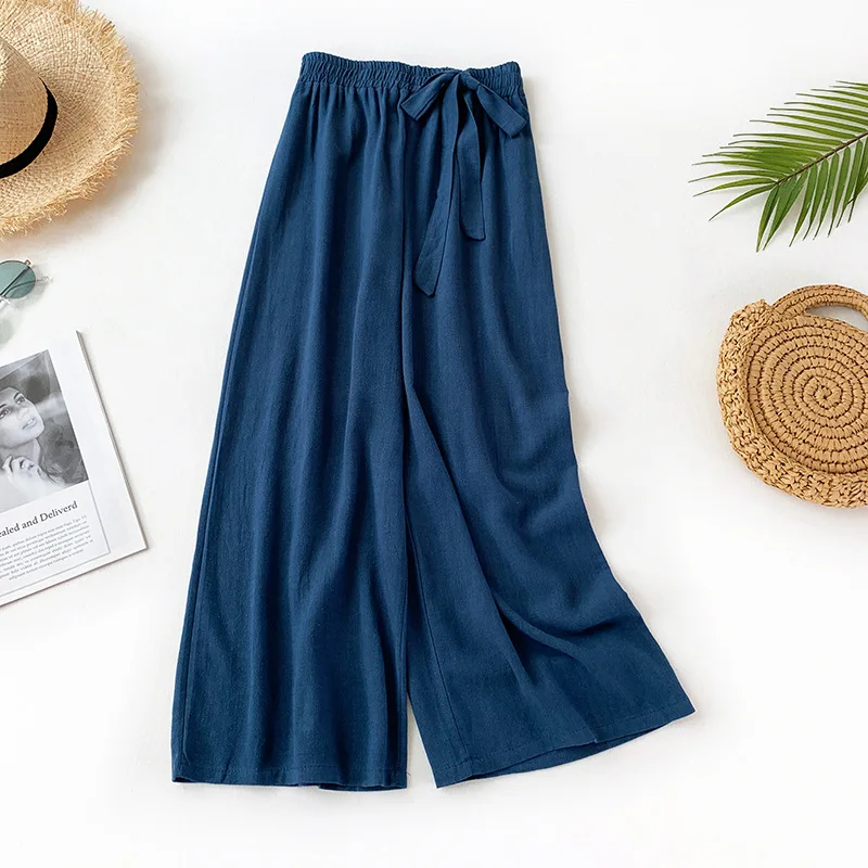 

2019 Summer New Arrival Comfortable Cotton Flax Loose Pants Ankle-Length Flax Wide Leg Pants Sweet Tie Pants Free Shipping