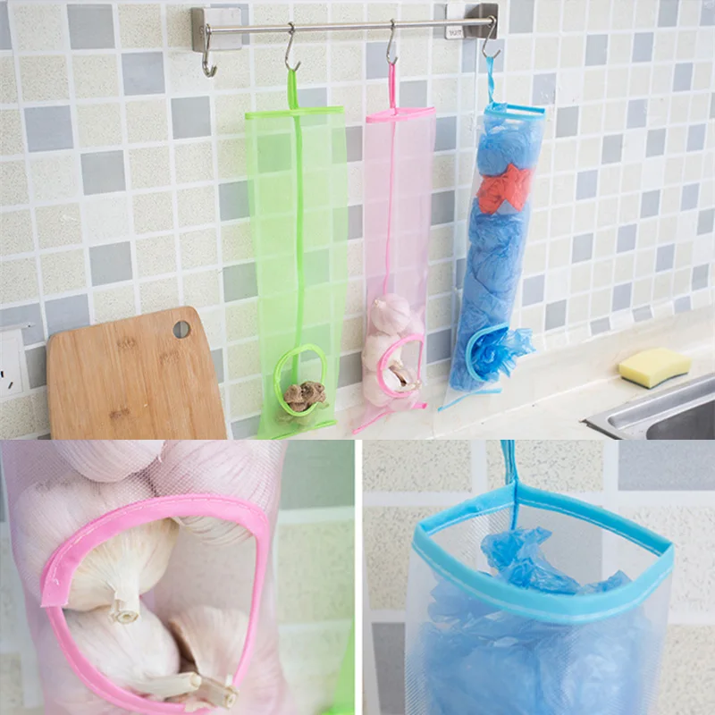 

1Pc Hanging Mesh Storage Bag Dispenser Reusable Grocery Bag Vegetable Potatoes Garlic Garbage Organizer Bag Holder