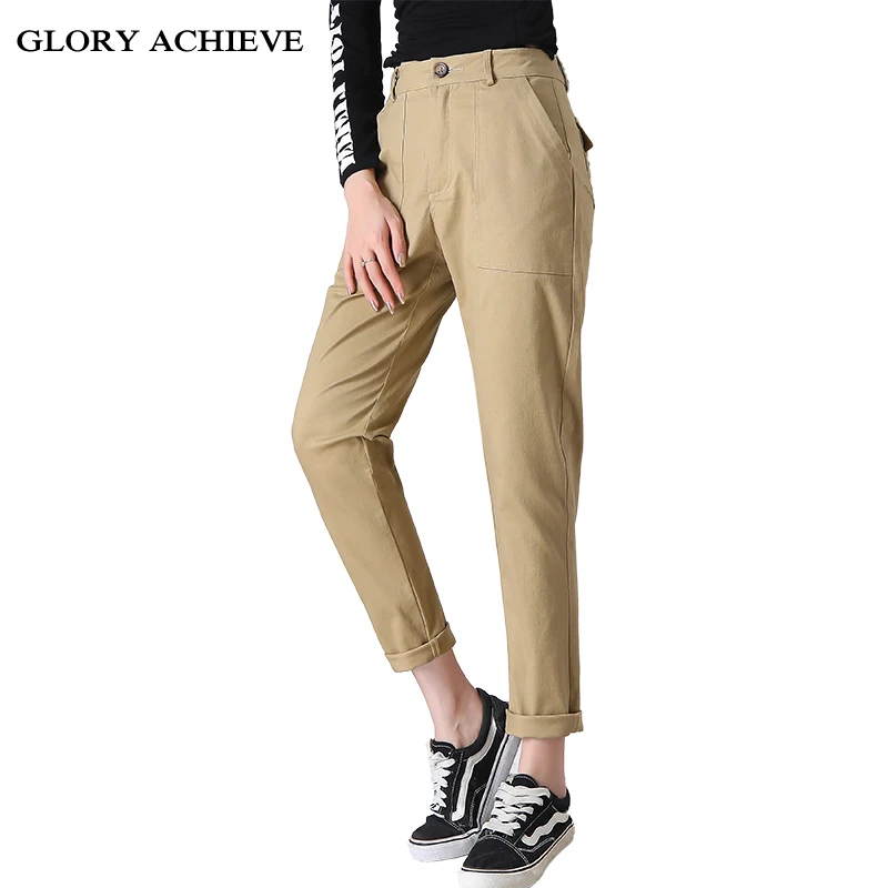 

High Waist Pants for women 97%cotton Solid Ankle-Length Straight Pants Khaki Causl Women pants army green black