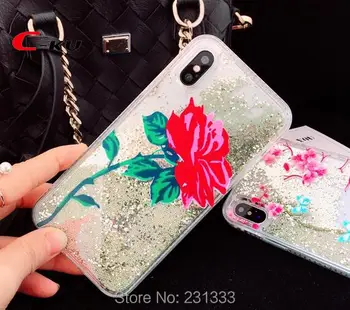 

C-ku Liquid Bead Quicksand 3D Flower Diamond Bling Hard PC + TPU Case For Iphone X 8 7 Plus 7PLUS 6 6S ROSE Butterfly Skin 50pcs