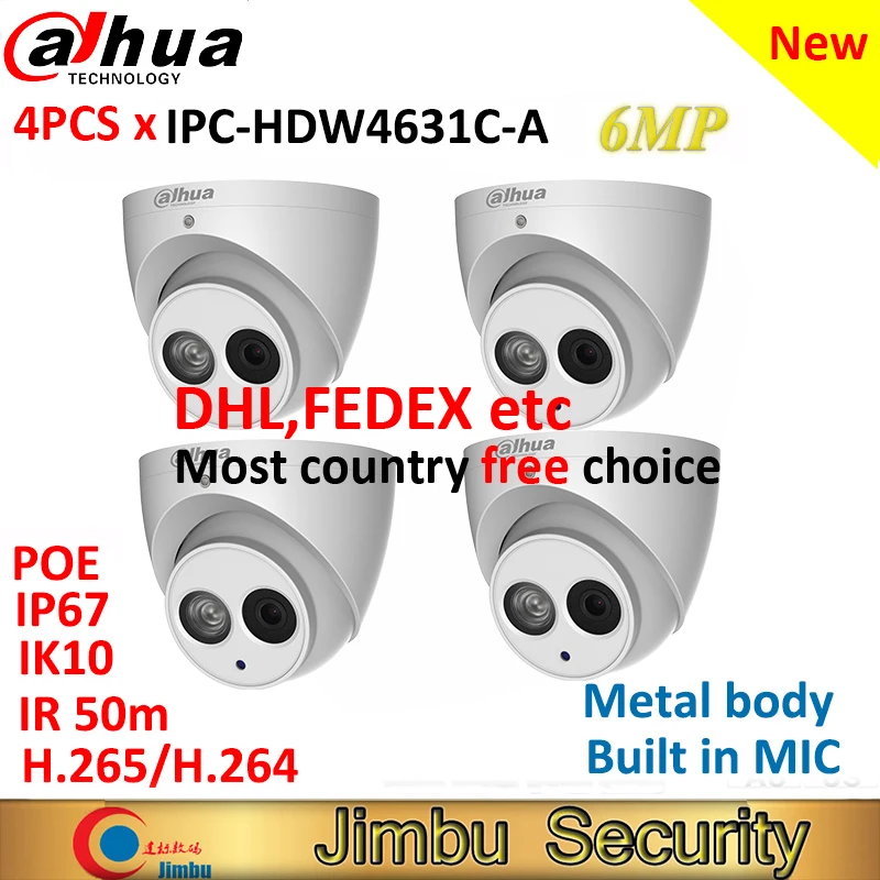 Dahua 4pcs 6MP IP Camera IPC-HDW4631C-A full metal body H.265 Built-in MIC IR50m IP67 IK10 CCTV Dome security Camera HDW4631C-A Dahua 4pcs 6MP IP Camera IPC-HDW4631C-A full metal body H.265 Built-in MIC IR50m IP67 IK10 CCTV Dome security Camera HDW4631C-A