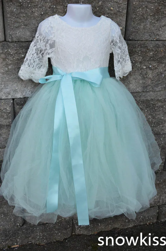 Floor length Mint green ball gown puffy tulle flower girl dress fairy dresses with lace sleeves sash birthday party prom gown