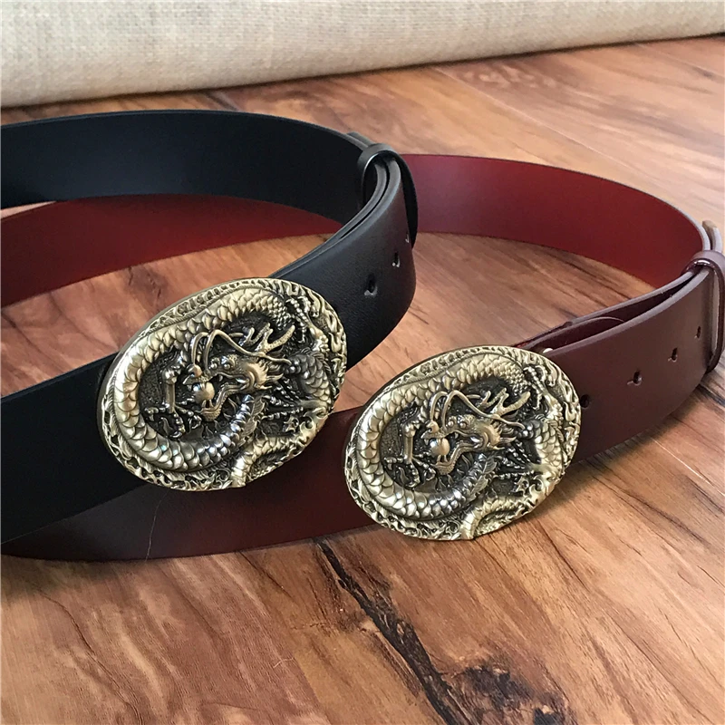 Luxury Brass Dragon Buckle Genuine Leather Belts For Men Vintage Cowboy