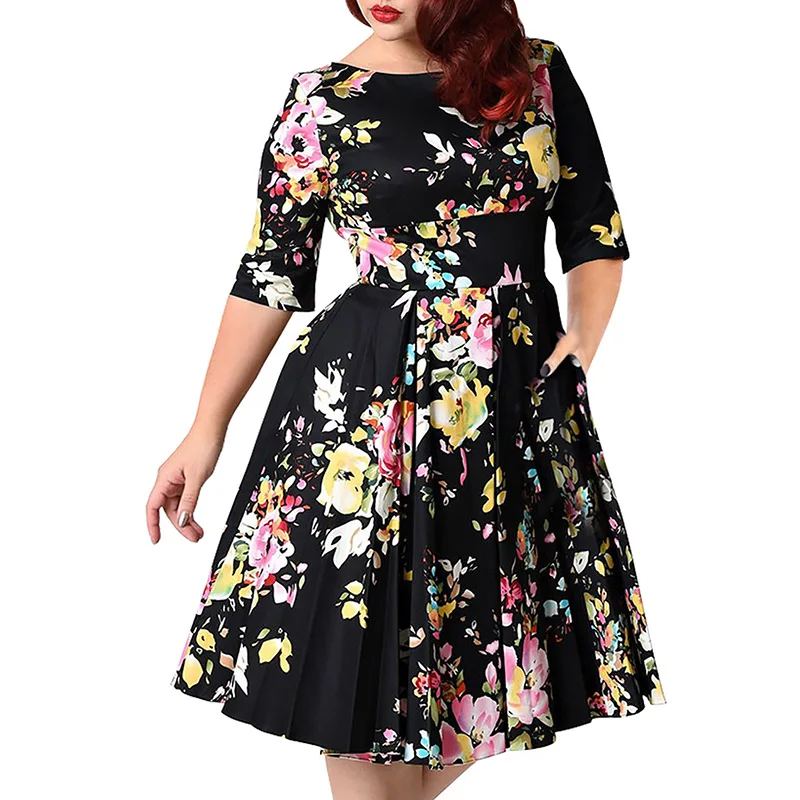 Large Size 6xl 7xl 8xl Women Dress Vintage Zipper Floral Printed Tunic