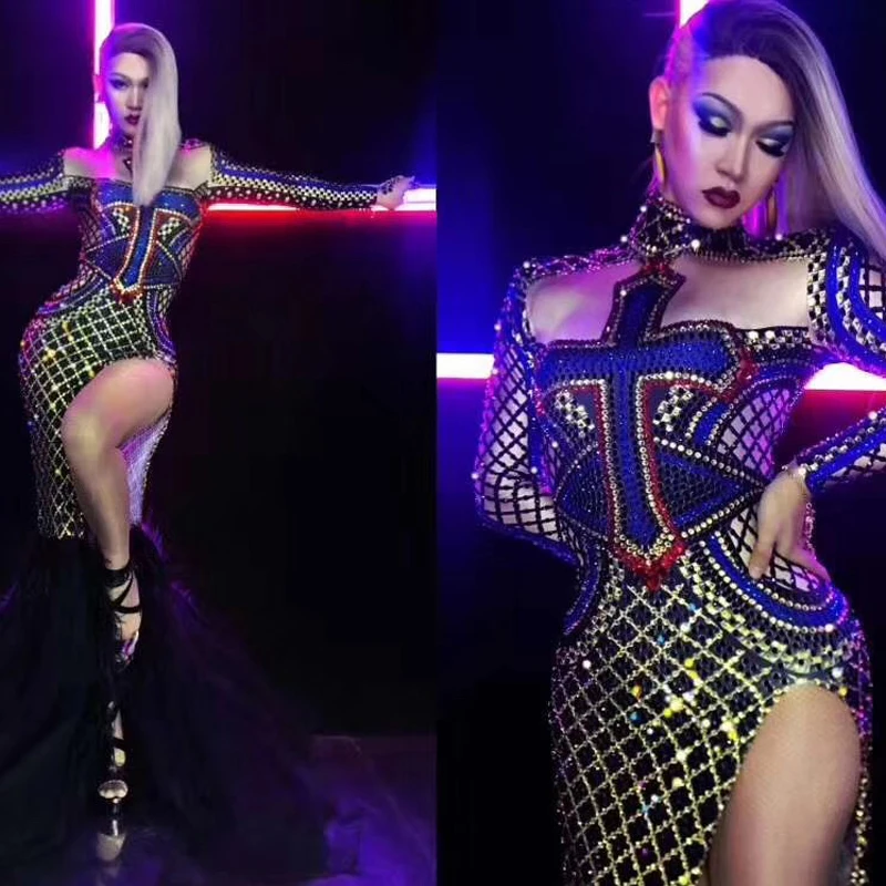 

Sexy Dance Costume Women Rhinestone Dress Nightclub Pole Dance Performing Clothing DJ DS Gogo High Slitting Stage Wear DJ344