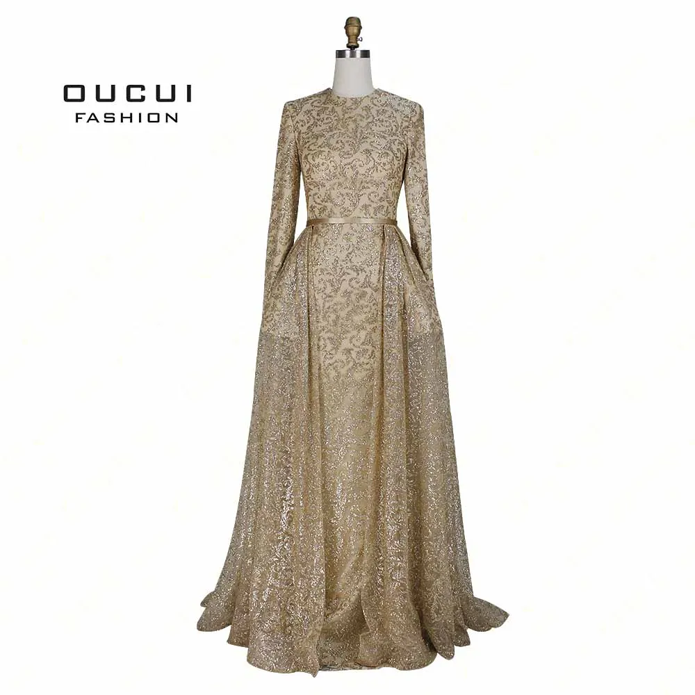 Реальные фотографии, Тюлевое бальное платье с длинным рукавом, с золотыми аппликациями, длинное вечернее платье, иллюзия, закрытая спина, встроенная суета, OL103067 - Цвет: Gold