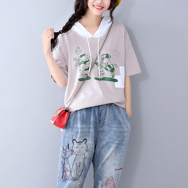 2019 летняя Свободная Женская футболка с коротким рукавом и капюшоном, Корейская Повседневная футболка с принтом, хит цвета, большие размеры