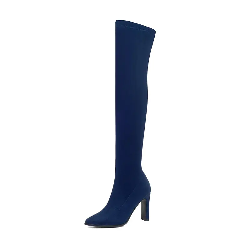 Пикантные женские ботфорты с леопардовым принтом; коллекция года; эластичные сапоги из искусственной замши; удобные высокие сапоги на блочном каблуке; Свадебные вечерние сапоги - Цвет: blue