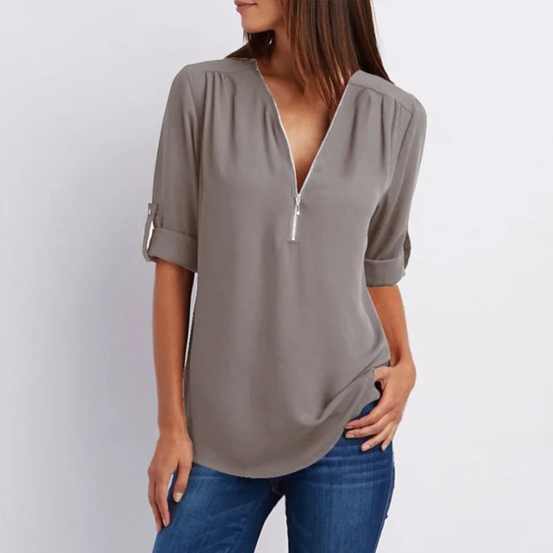 Женская Сексуальная Блузка, рубашки на молнии с v-образным вырезом, топы и блузки размера плюс, женская одежда, повседневные футболки, рубашки более размера d 5XL, roupa feminina - Цвет: Gray