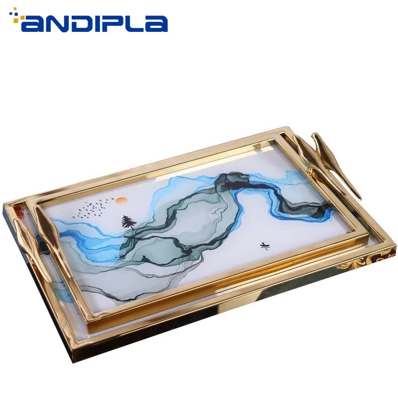 New Chinese Style Home Decor Dish Creative Landscape Pattern Metal Glass Tray Office Desktop Ornament Coffee Table Storage Plate | Дом и сад