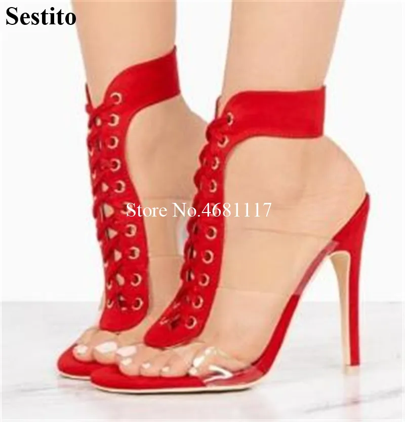 

European Station High Quality Suede Word With Open Toe Sandals On The Back Straps With Red And Black High Heel Sandals