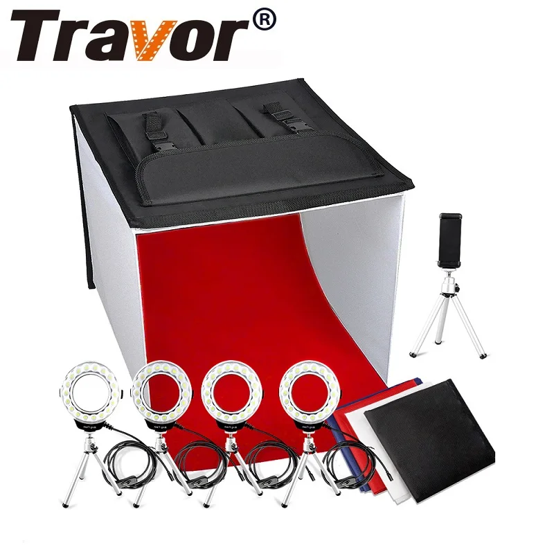 

Travor New Studio Diffuse Soft Box Foldable With 4PCS Ring LED Light/5PCS Selfie Tripod For Camera Phone Studio Photography