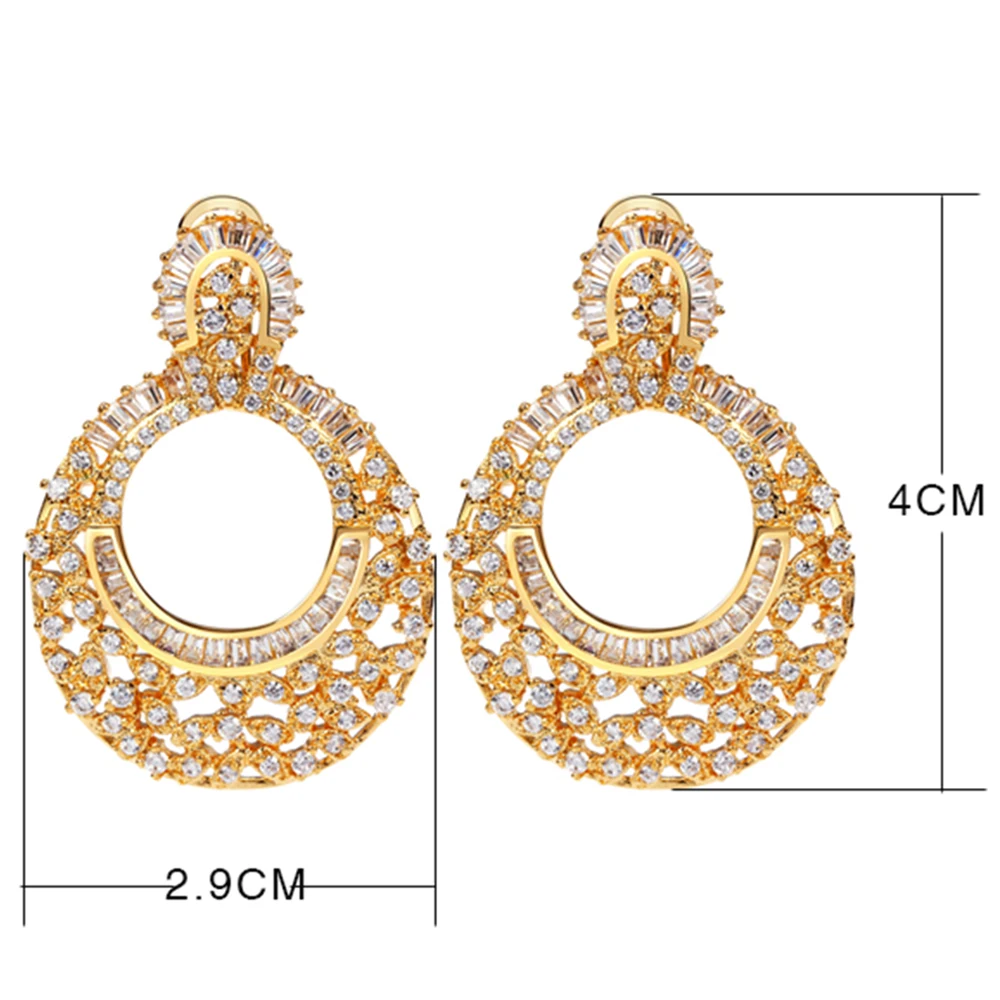 Bridal dangle earrings Round design Luxury jewelry Gold and White color Cubic Zirconia crystal Women large earring