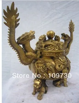 

001001 14" Marked Bronze Flying Dragon Incense Burner Censer Foo Fu Dog Lion Statue