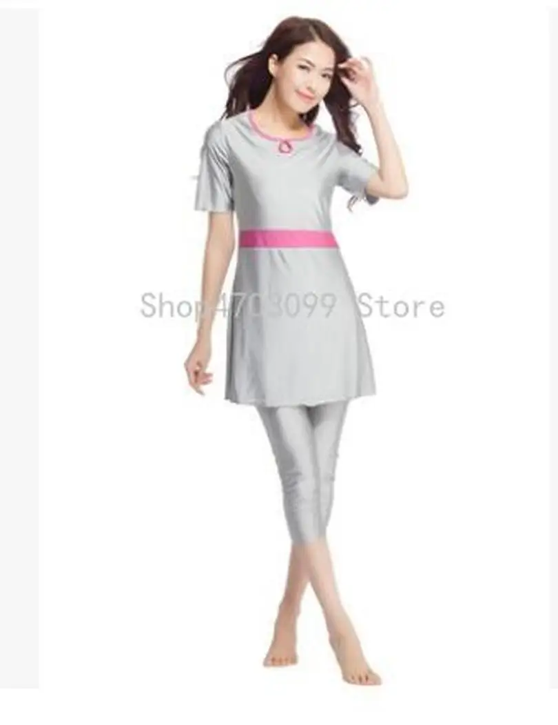 

New Two-piece Women Muslim Swimwear polyester Islamic Swimsuits Short Sleeve Patchwork Beachwear muslim set