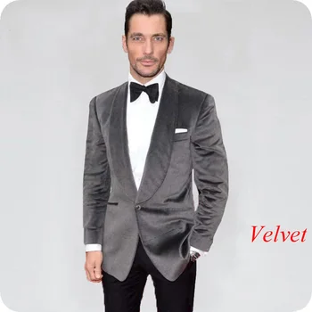 Skup Najnowsze Wzory Palenia Kurtka Szary Aksamitne Męskie Garnitury Garnitur Weselny Groom Smokingi 2 Sztuka Szczupły Mężczyzna Blazers Prom Party Terno Masculino