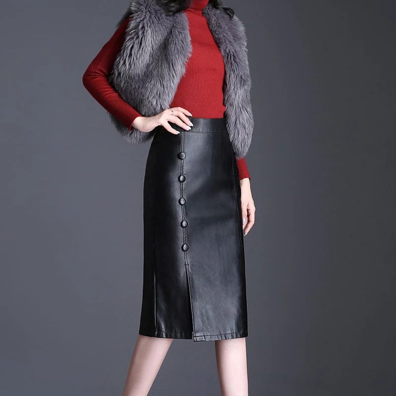 

PU Leather Office Skirt Ladies 2019 High Waist Pencil Skirt For Women Black Skirts Slim Plus Size Jupe Femme Rokjes Dames