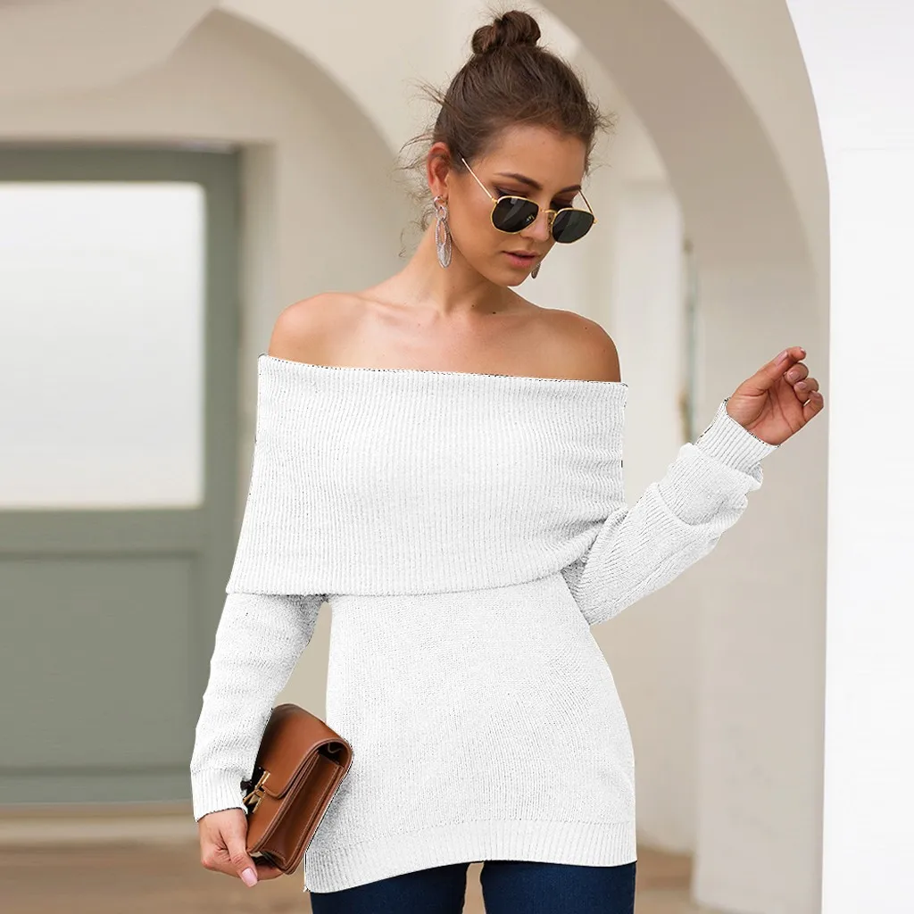 

sweater women off shoulder elastic winter Short lapel pullover sexy white jumpers Autumn bodycon basic knitwear top FB
